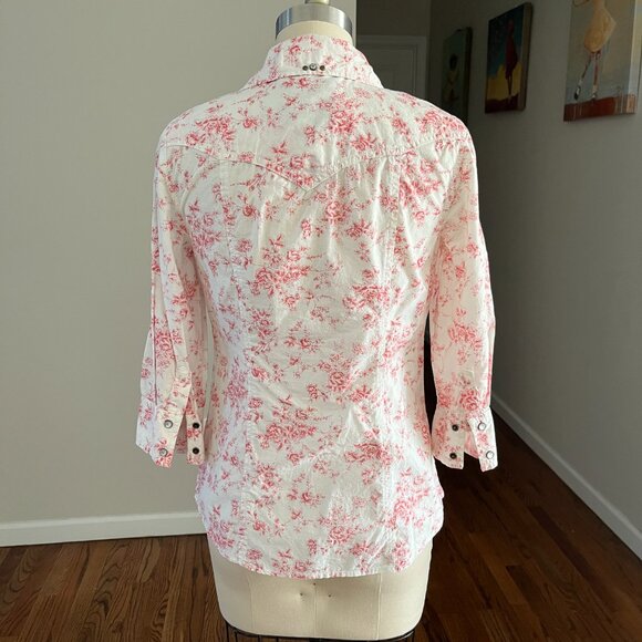 GUESS Los Angeles Women's Ivory/Pink Floral Snap closure Roll up Sleeves Top S - Picture 2 of 11
